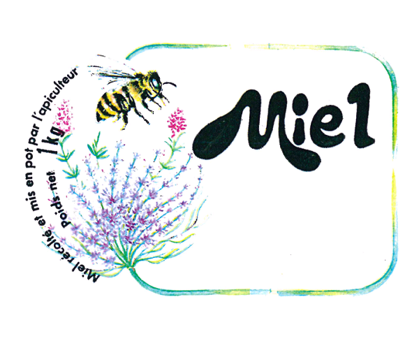 Etiquette fleurs et abeille miel 1kg 90x60 x1500 apisaveurs