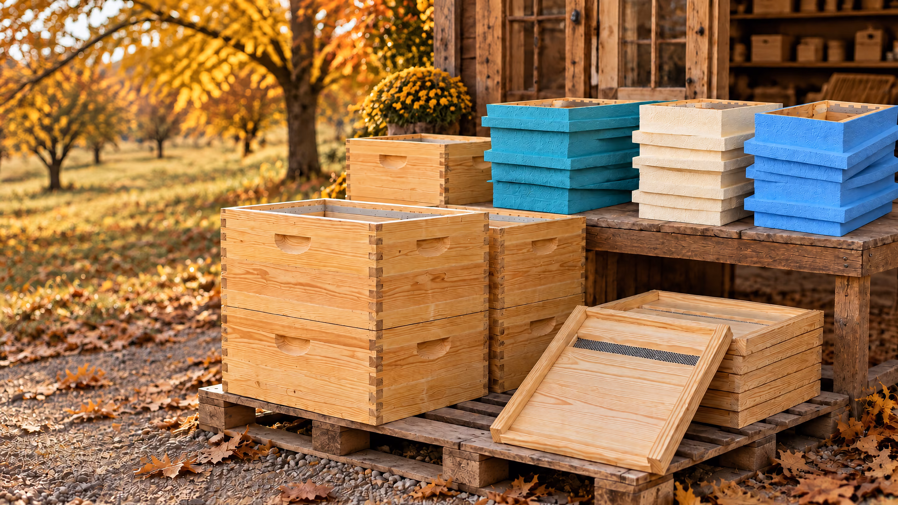 Corps de ruche Dadant et plateau en pin, haussettes peintes, posés sur une palette et un établi en bois, devant un verger en automne