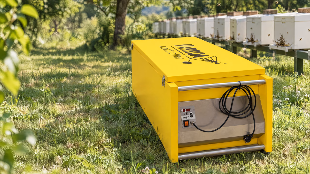 Le Varroa Controller posé dans l’herbe d’un rucher, devant une rangée de ruches