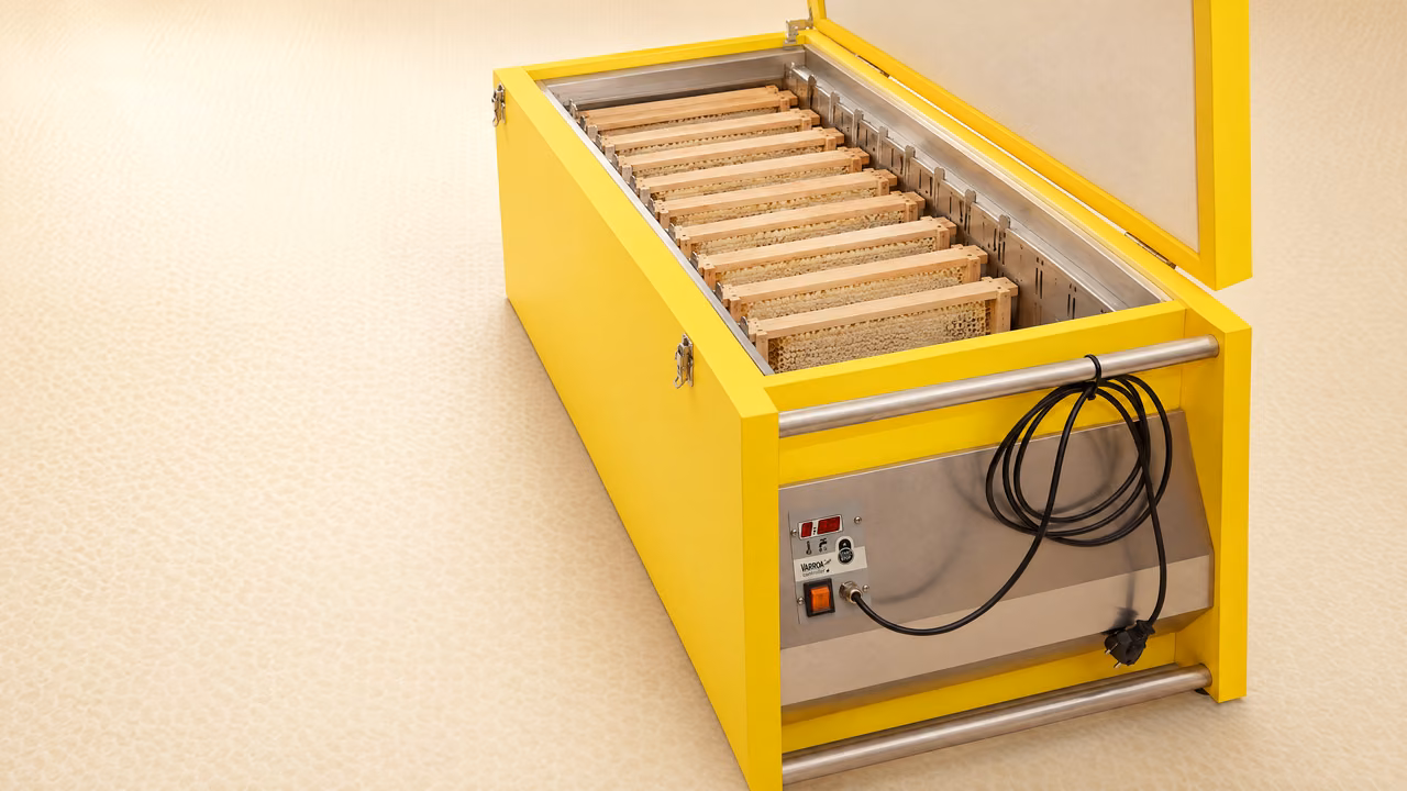 Le Varroa Controller ouvert, ses cadres alignés dans la cuve en inox