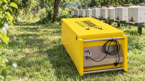 Le Varroa Controller posé dans l’herbe d’un rucher, devant une rangée de ruches